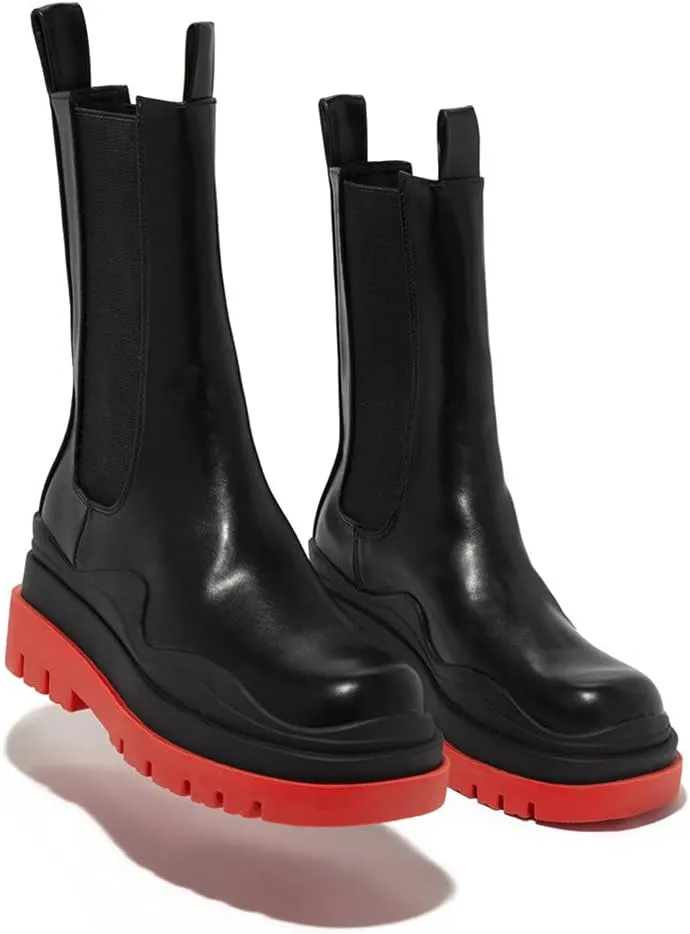 Vertundy Women's Chelsea Ankle Boots Slip On Mid Calf Chunky Platform Comfortable Pull-on Booties