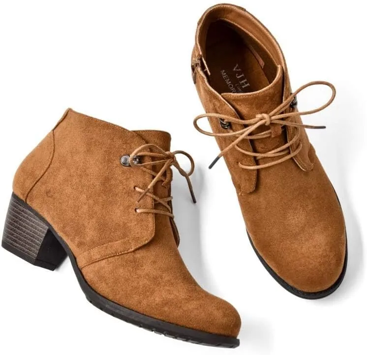 VJH confort Women's Ankle Boots,Lace-up Round Toe Comfortable Low Heel Dress Booties with Side Zipper