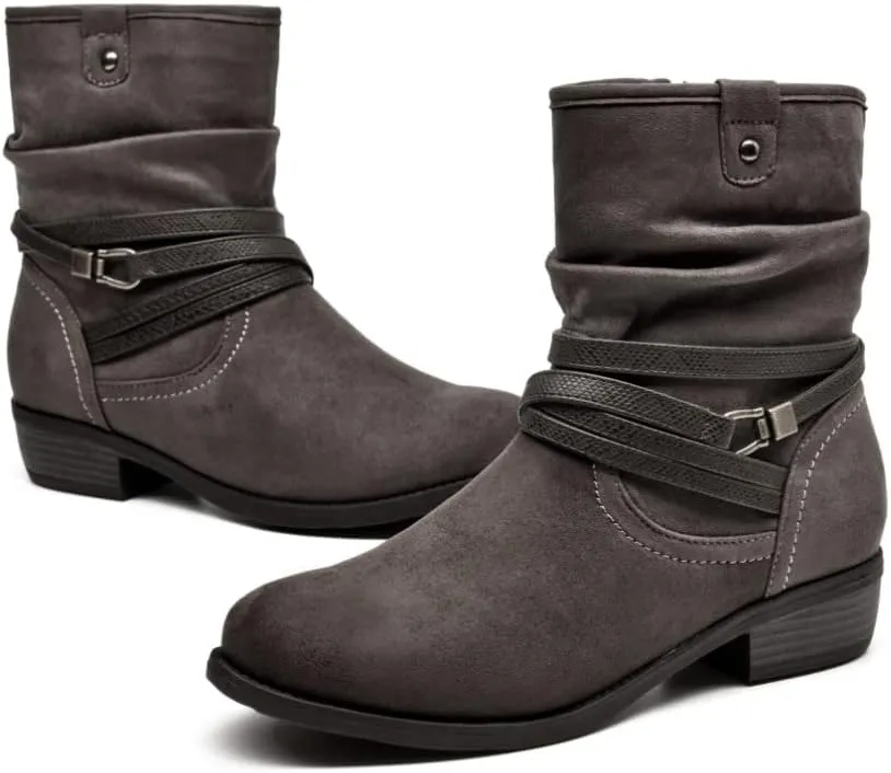 VJH confort Women's Mid Calf Boot,Round Toe Low Heel Comfort Slouchy Bootie with Side Zipper Buckle Strap
