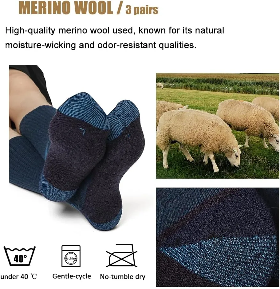 WANDER Merino Wool Socks Men 3 Pairs Cushioned Calf Boot Socks Moisturing Wicking Everyday Thermal Crew Socks
