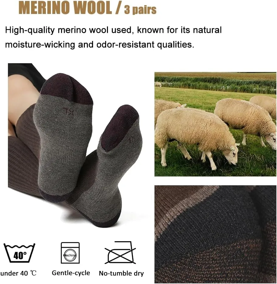 WANDER Merino Wool Socks Men 3 Pairs Cushioned Calf Boot Socks Moisturing Wicking Everyday Thermal Crew Socks