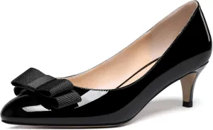 WAYDERNS Women's Bow Solid Patent Slip On Cute Round Toe Dating Kitten Mid Heel Pumps Shoes 2.5 Inch