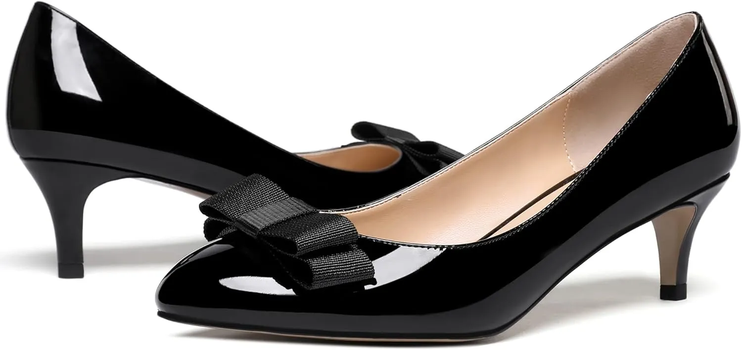WAYDERNS Women's Bow Solid Patent Slip On Cute Round Toe Dating Kitten Mid Heel Pumps Shoes 2.5 Inch