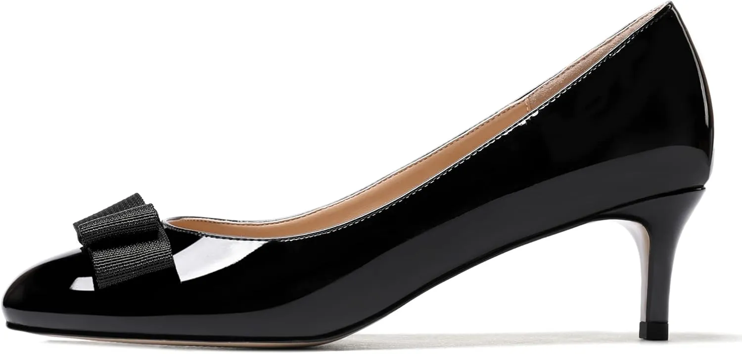 WAYDERNS Women's Bow Solid Patent Slip On Cute Round Toe Dating Kitten Mid Heel Pumps Shoes 2.5 Inch