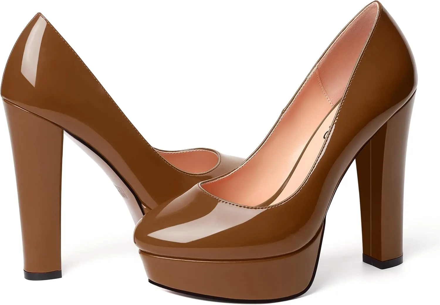 WAYDERNS Womens Round Toe Slip On Casual Platform Wedding Patent Block High Heel Pumps Shoes 5 Inch