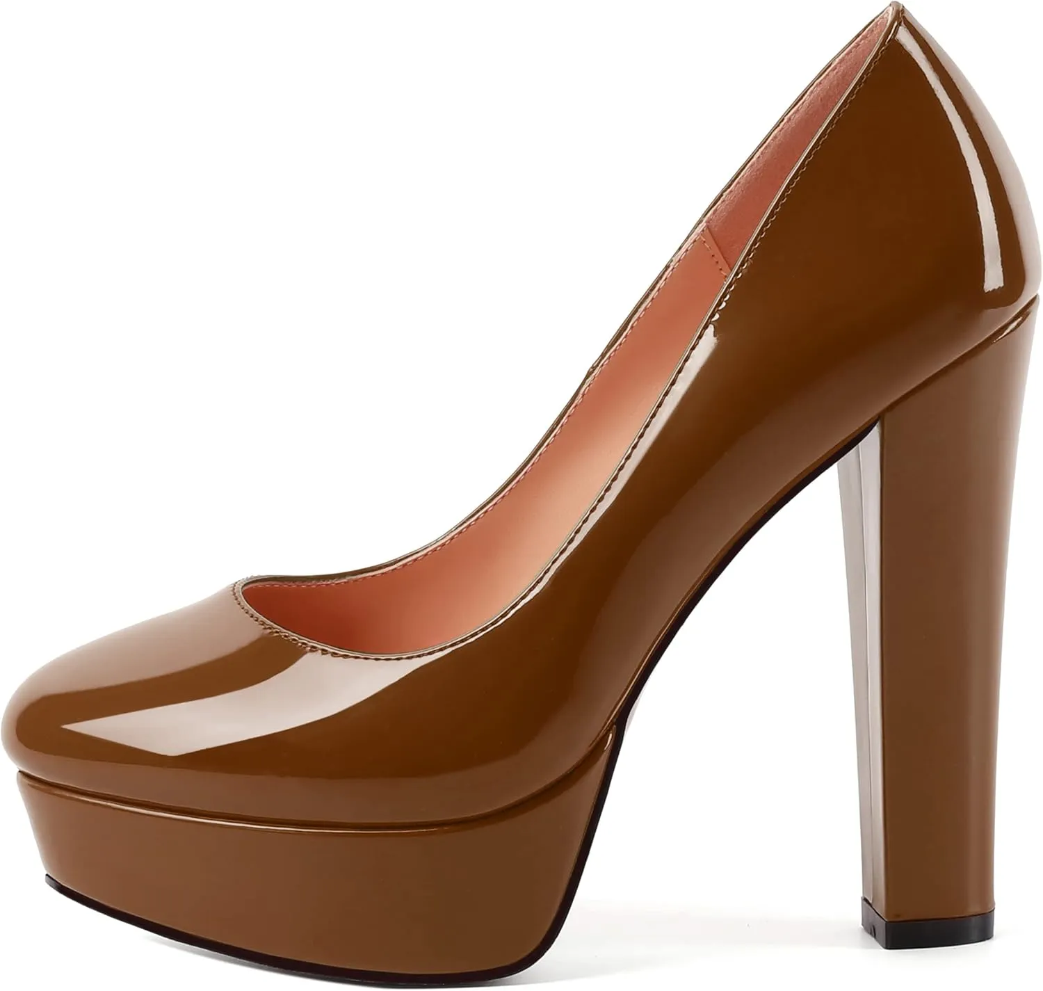WAYDERNS Womens Round Toe Slip On Casual Platform Wedding Patent Block High Heel Pumps Shoes 5 Inch