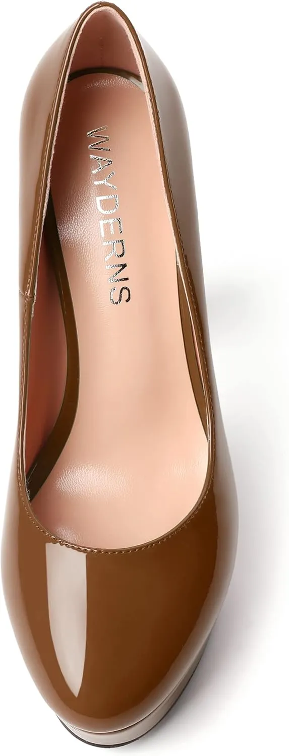 WAYDERNS Womens Round Toe Slip On Casual Platform Wedding Patent Block High Heel Pumps Shoes 5 Inch