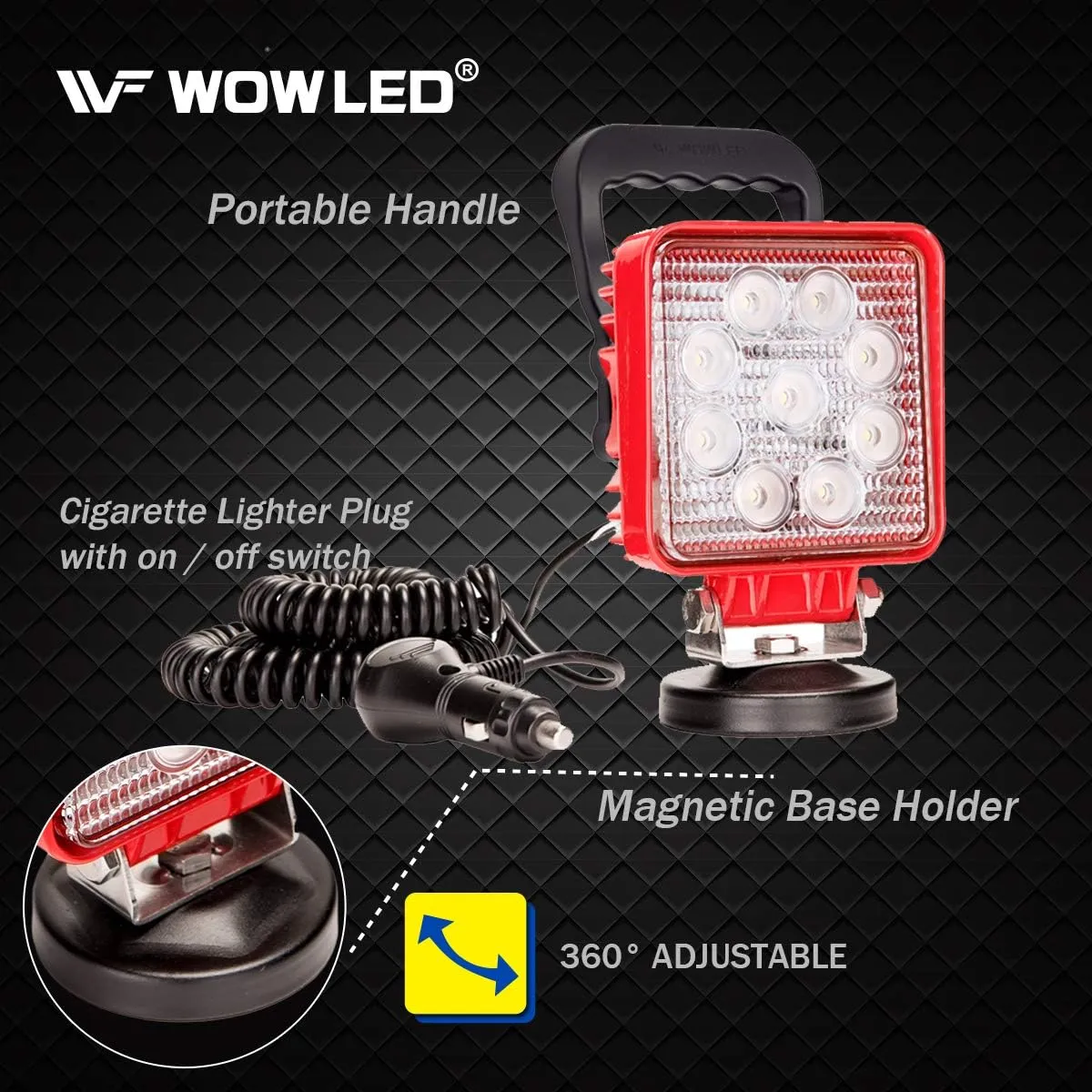 WFPOWER Magnetic Work Light, Magnet Base Mount Bracket, Cigarette Lighter Powered, LED Work Light, 27W Portable Flood Beam Lamp for Truck Tractor Trailer SUV Off-Road Emergency Repairs (Square Red)