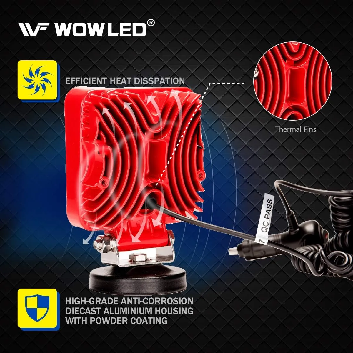 WFPOWER Magnetic Work Light, Magnet Base Mount Bracket, Cigarette Lighter Powered, LED Work Light, 27W Portable Flood Beam Lamp for Truck Tractor Trailer SUV Off-Road Emergency Repairs (Square Red)