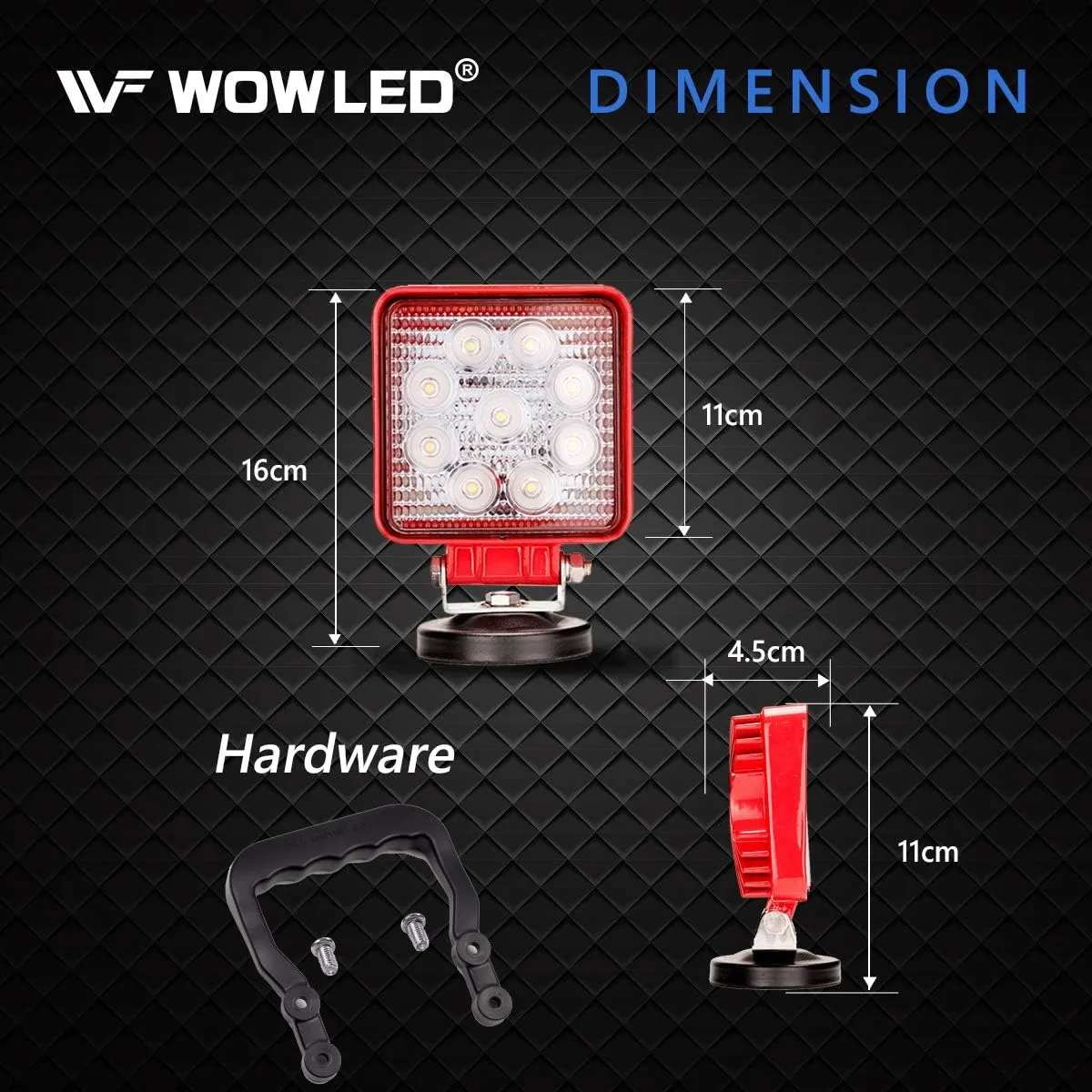 WFPOWER Magnetic Work Light, Magnet Base Mount Bracket, Cigarette Lighter Powered, LED Work Light, 27W Portable Flood Beam Lamp for Truck Tractor Trailer SUV Off-Road Emergency Repairs (Square Red)