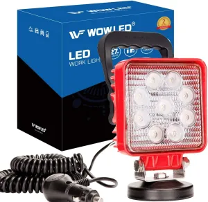 WFPOWER Magnetic Work Light, Magnet Base Mount Bracket, Cigarette Lighter Powered, LED Work Light, 27W Portable Flood Beam Lamp for Truck Tractor Trailer SUV Off-Road Emergency Repairs (Square Red)