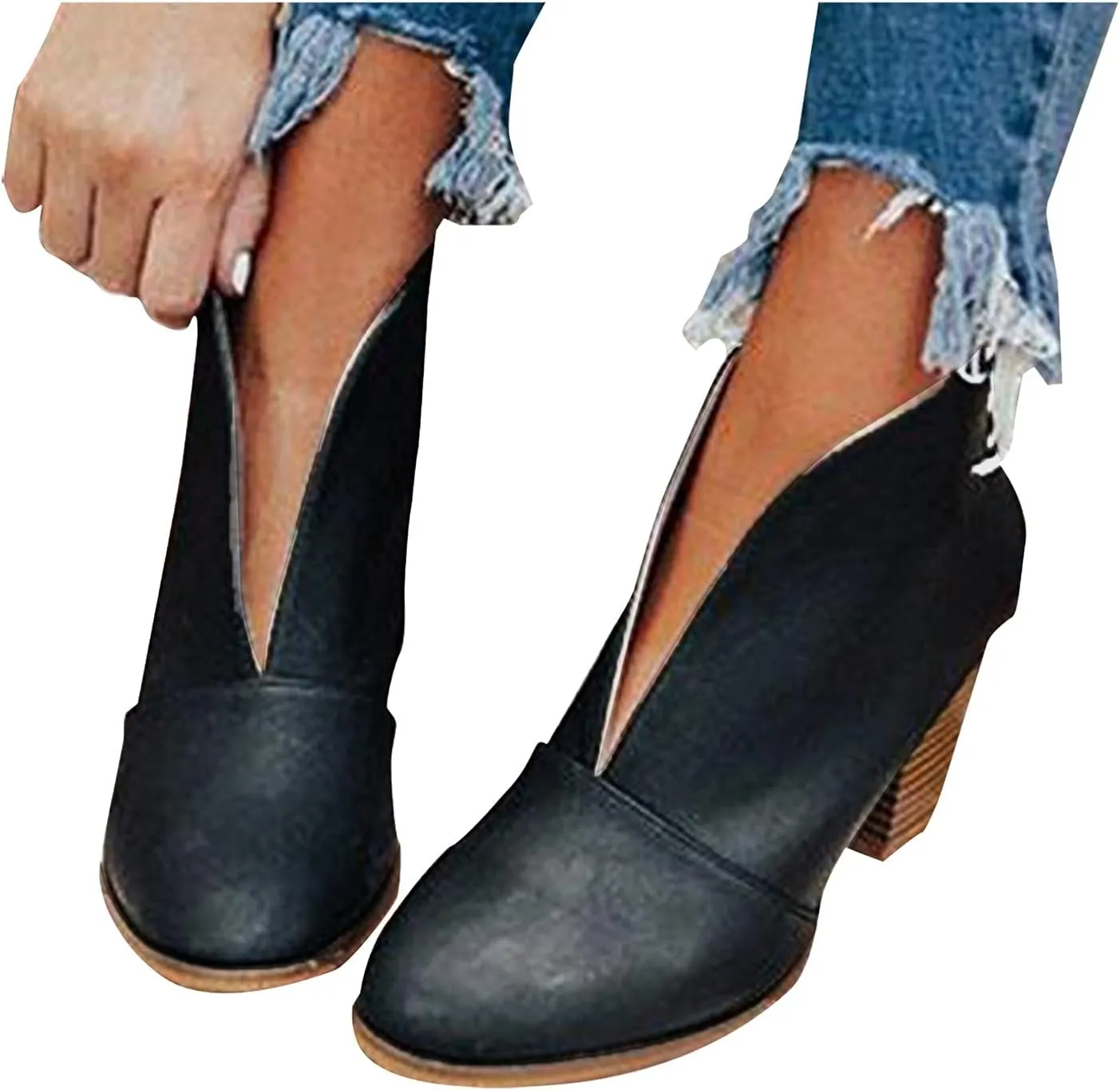 Wide Calf Square Toe Boots Women Comfortable Black Ankle Boots Women Low Heel Fashion Dressy Slip On Fall Shoes