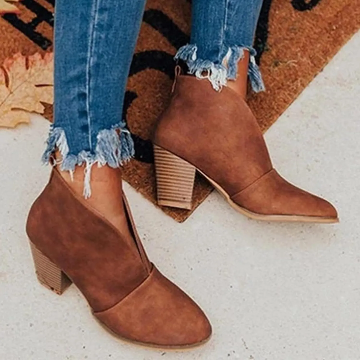 Wide Calf Square Toe Boots Women Comfortable Black Ankle Boots Women Low Heel Fashion Dressy Slip On Fall Shoes
