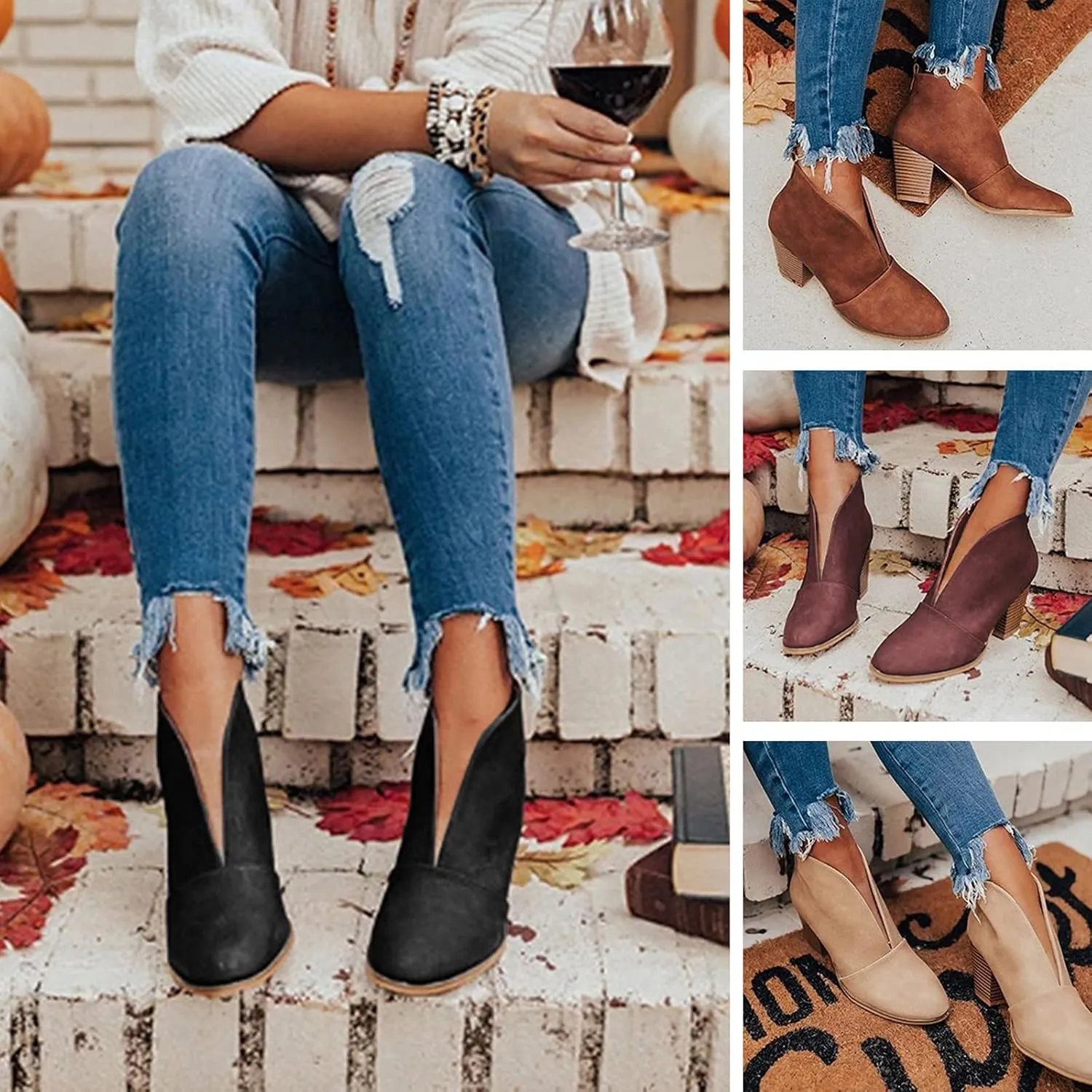 Wide Calf Square Toe Boots Women Comfortable Black Ankle Boots Women Low Heel Fashion Dressy Slip On Fall Shoes