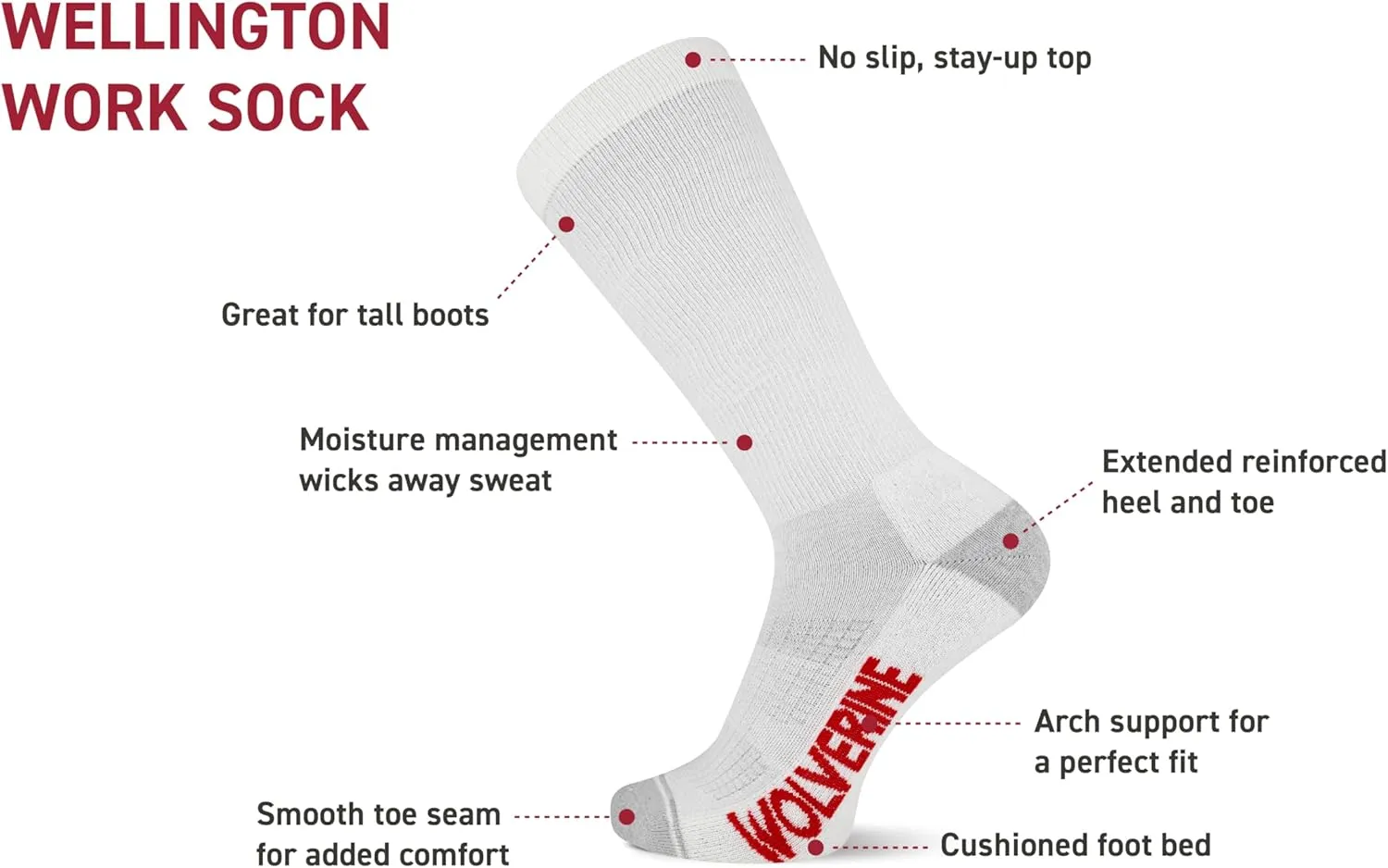 Wolverine Men's Wellington Boot Socks with Moisture Wicking Cushioning (2 Pairs)