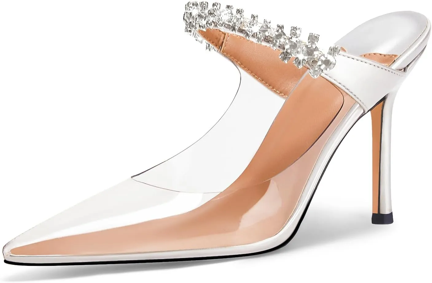 Women Heeled Mules Rhinestone Strappy Clear Heels Pointed Toe Stiletto Slip On Bridal Sandals for Women