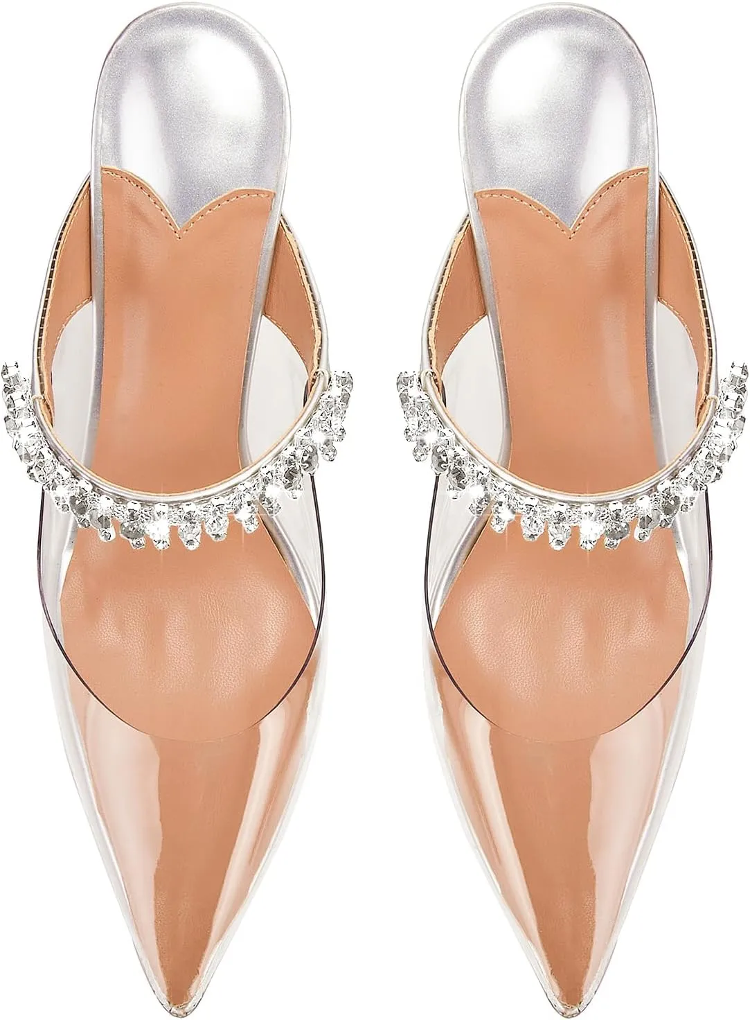 Women Heeled Mules Rhinestone Strappy Clear Heels Pointed Toe Stiletto Slip On Bridal Sandals for Women
