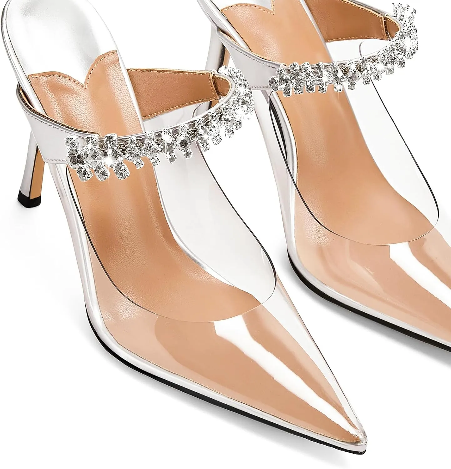 Women Heeled Mules Rhinestone Strappy Clear Heels Pointed Toe Stiletto Slip On Bridal Sandals for Women