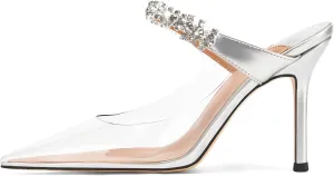Women Heeled Mules Rhinestone Strappy Clear Heels Pointed Toe Stiletto Slip On Bridal Sandals for Women