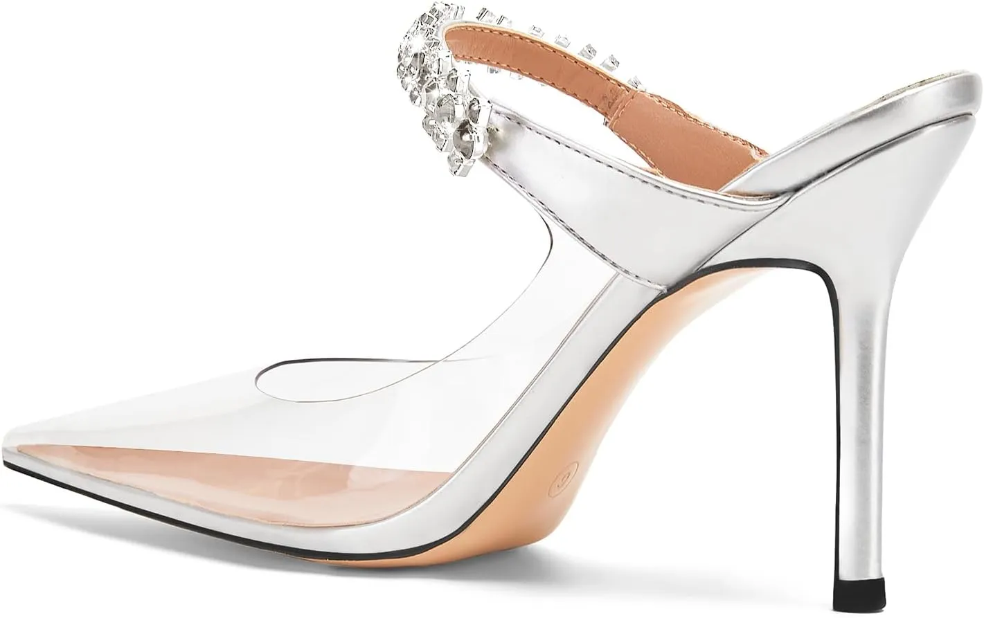 Women Heeled Mules Rhinestone Strappy Clear Heels Pointed Toe Stiletto Slip On Bridal Sandals for Women