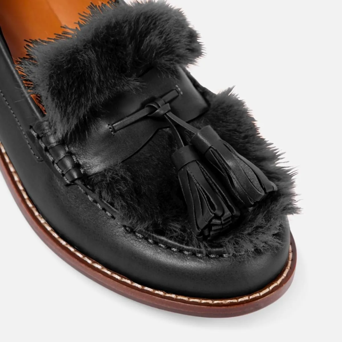 Women Low Chunky Heel Loafer Shoes Tassel Fluffy Round Toe Slip On Dress Loafers Fringe 1 Inch Block Low Heel Dress Shoes Fur Penny Loafers Comfort Office Shoes Classic 4-11 M US