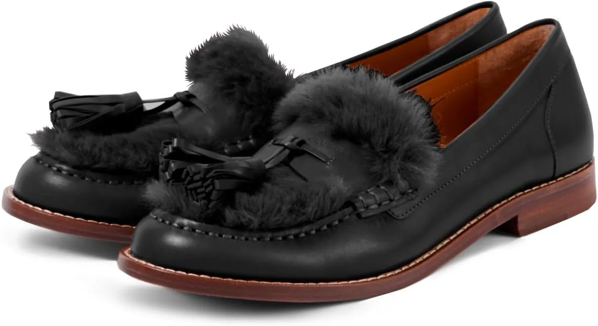 Women Low Chunky Heel Loafer Shoes Tassel Fluffy Round Toe Slip On Dress Loafers Fringe 1 Inch Block Low Heel Dress Shoes Fur Penny Loafers Comfort Office Shoes Classic 4-11 M US