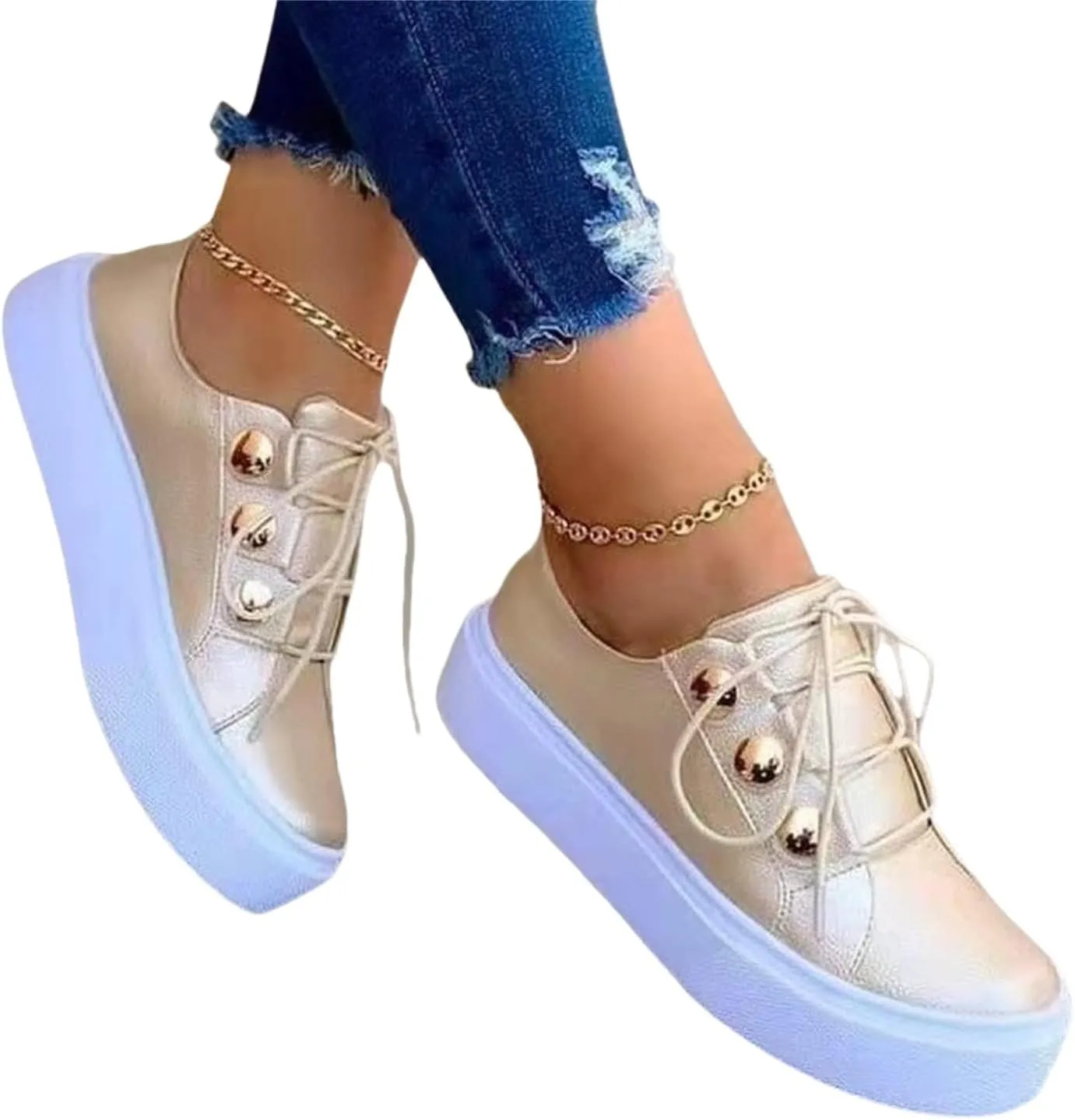 Women Platform Sneakers Comfortable Lace-Up Walking Shoes Fashion Low Top Sneakers for Women and Teen Girls Lightweight Chunky Athletic Sneaker