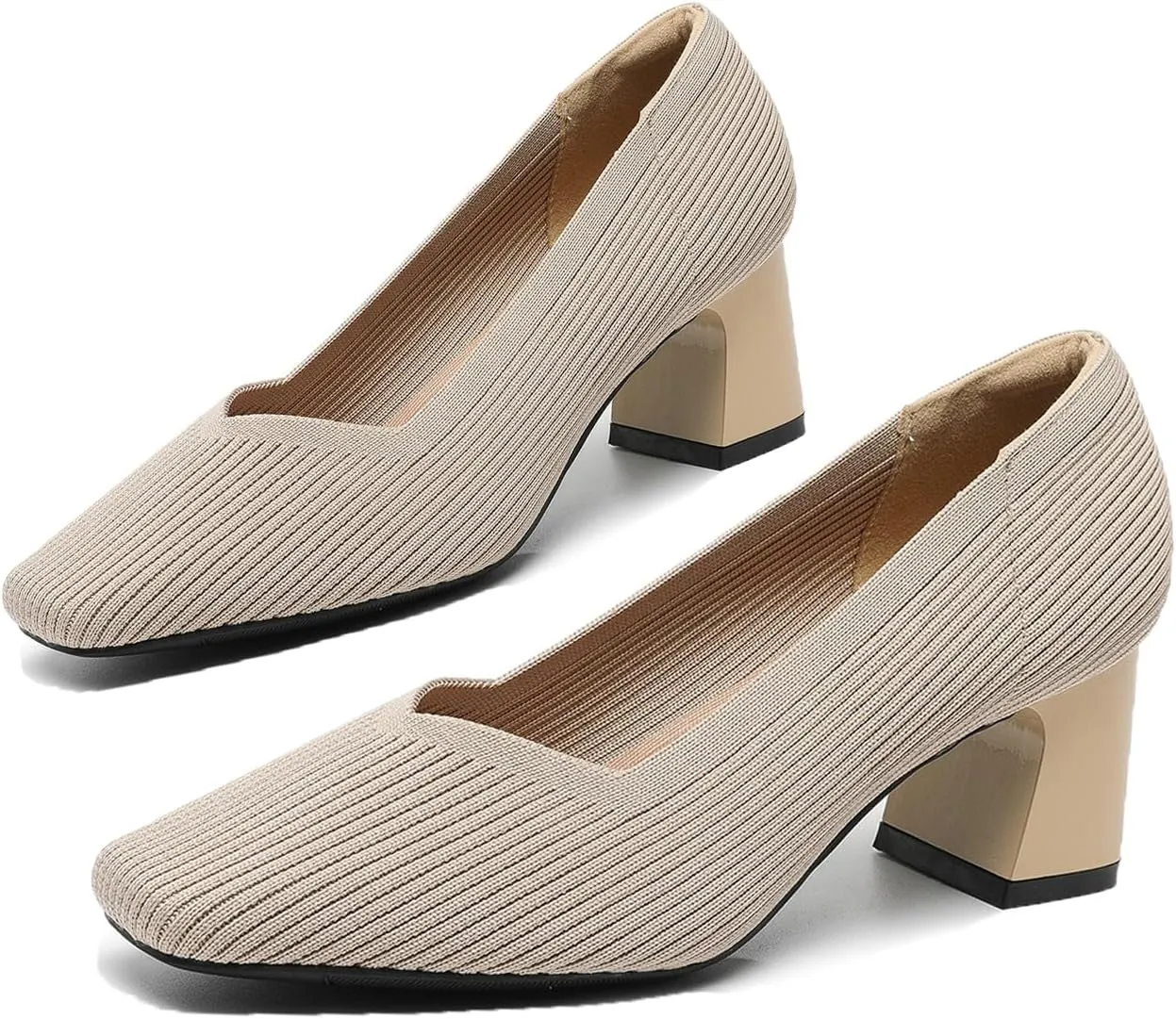 Women Pumps Block Heels Square Toe Knitted Comfortable Heel for Women Slip On Work Shoes for Woman Dress Classic Shoes Walk Office