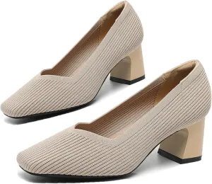 Women Pumps Block Heels Square Toe Knitted Comfortable Heel for Women Slip On Work Shoes for Woman Dress Classic Shoes Walk Office