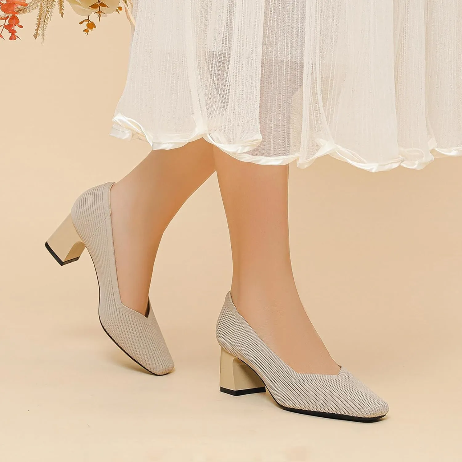 Women Pumps Block Heels Square Toe Knitted Comfortable Heel for Women Slip On Work Shoes for Woman Dress Classic Shoes Walk Office