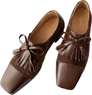 Women Tassel Loafer Flats Square Closed Toe Wingtip Bow Oxford Shoes Slip On Low Chunky Block Heel Penny Loafers Fringe Two-Toned Patchwork Dressy Vintage Office Work Shoes Chic 4-11 M US