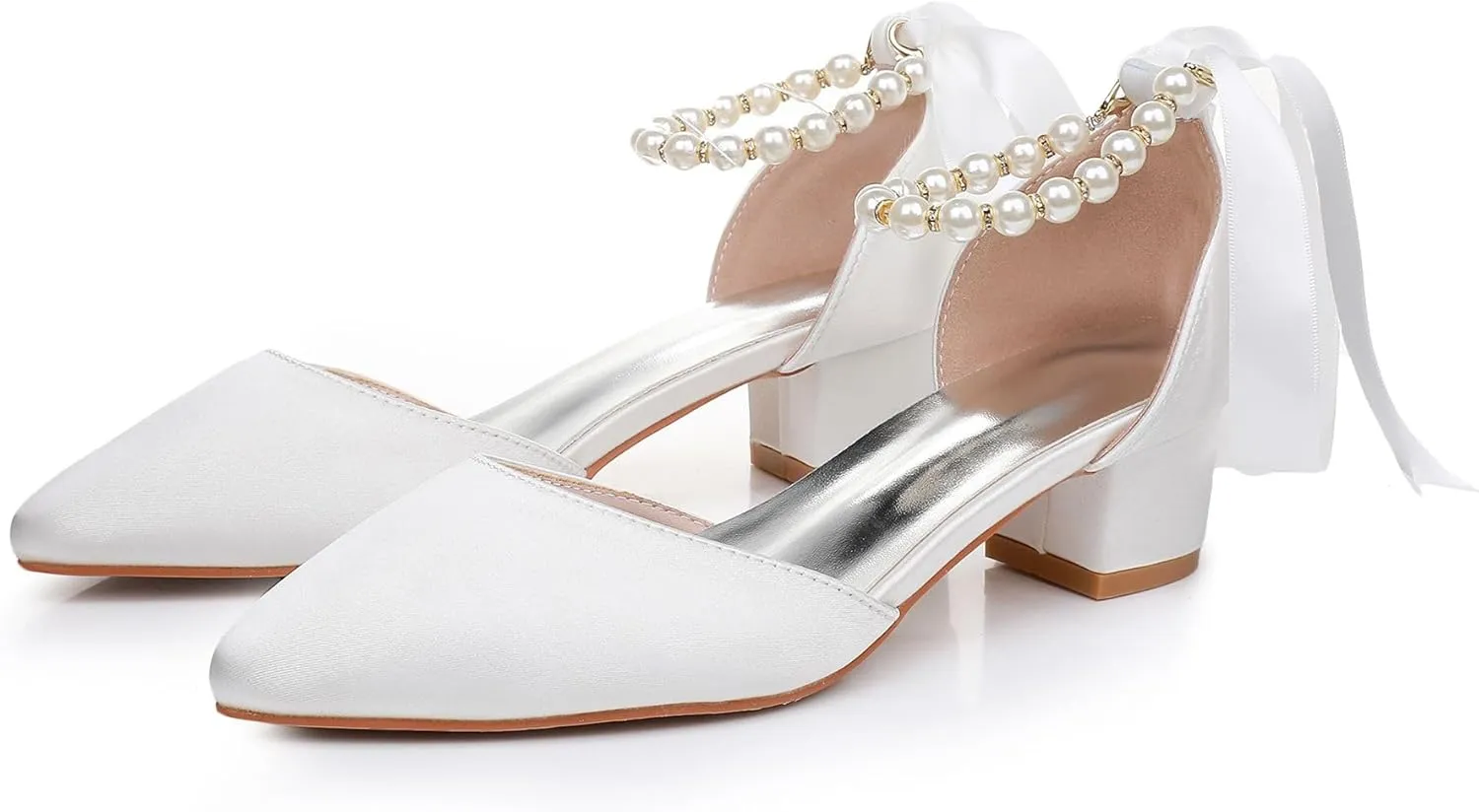 Women's Ankle Strap Pumps with Pearls, Pointed Toe, 3" Heel, White