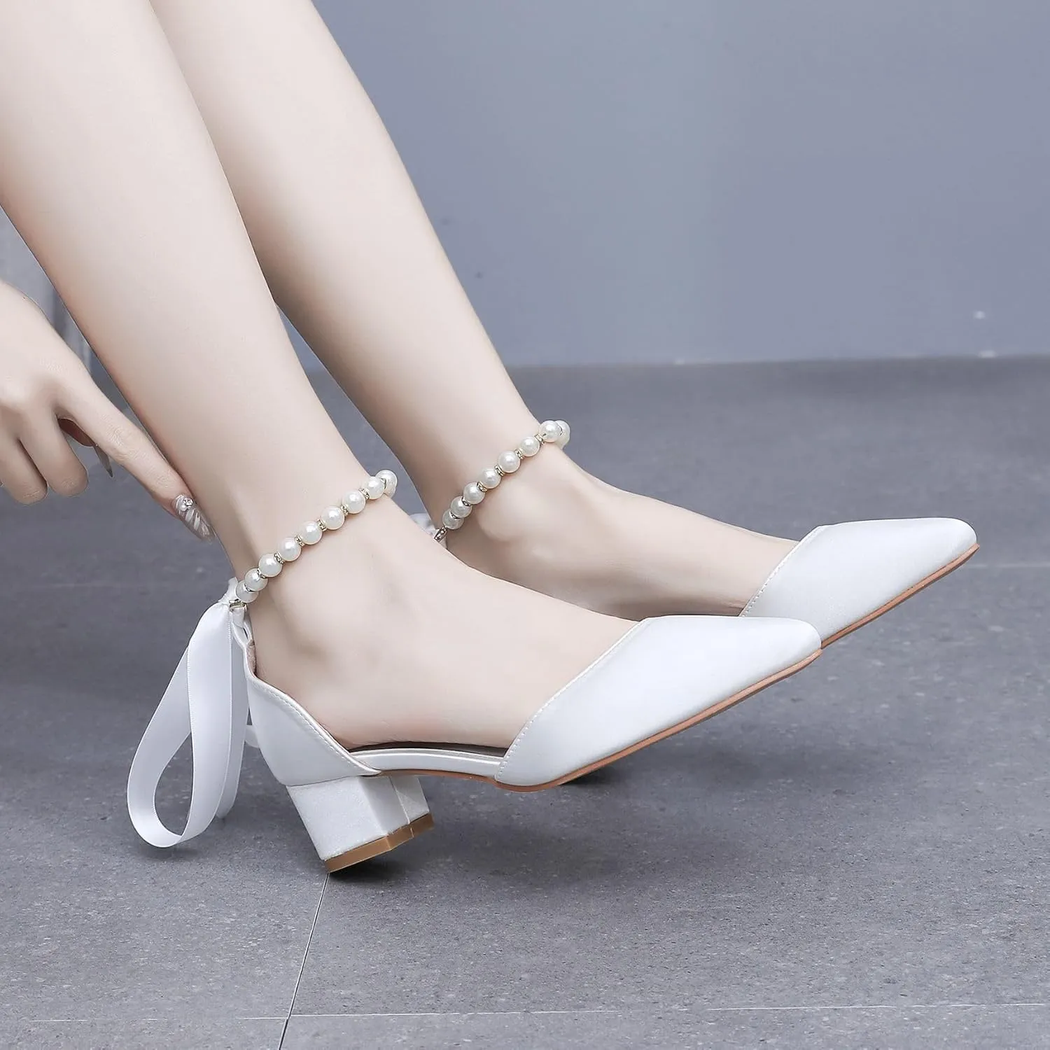 Women's Ankle Strap Pumps with Pearls, Pointed Toe, 3" Heel, White
