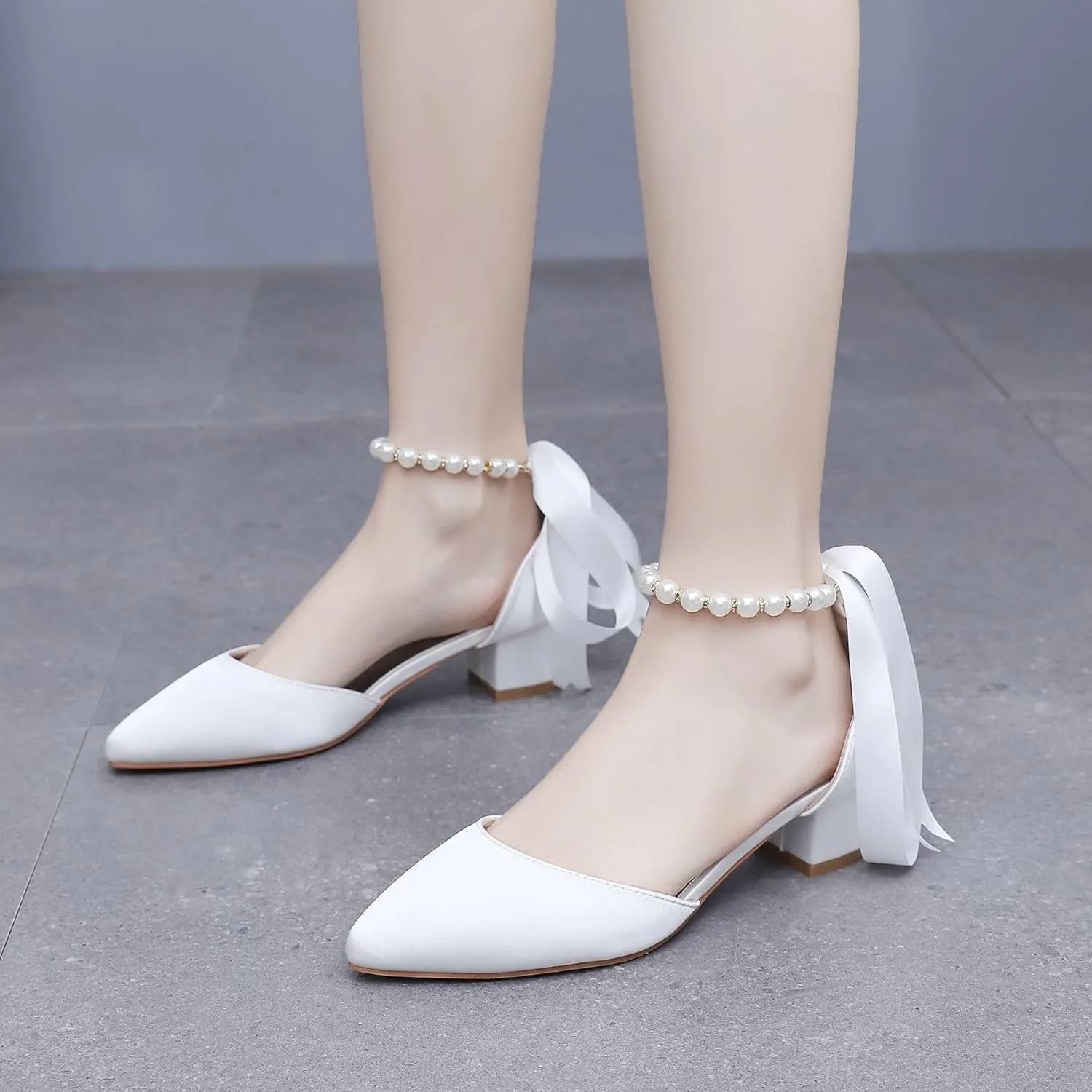 Women's Ankle Strap Pumps with Pearls, Pointed Toe, 3" Heel, White