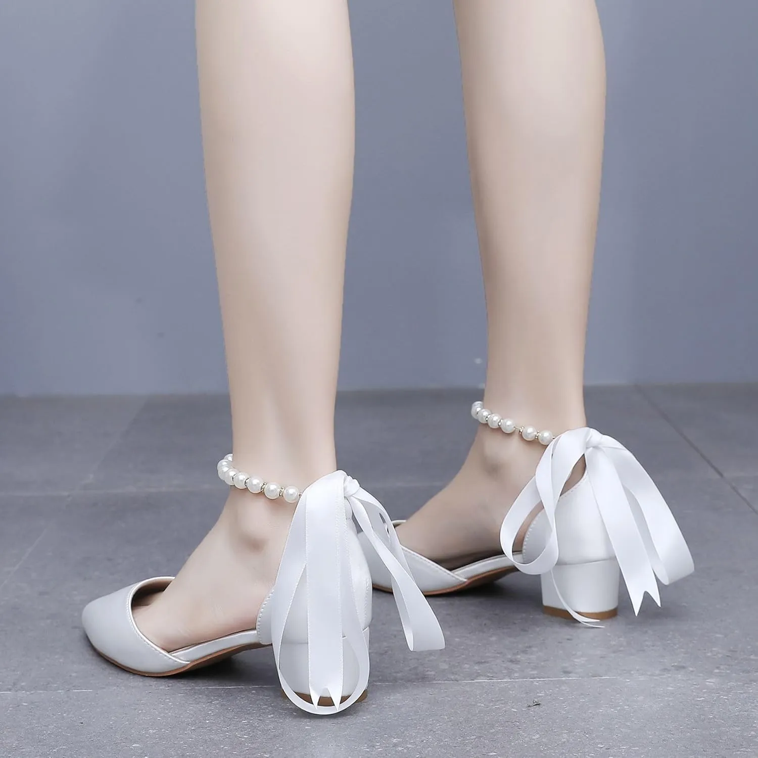 Women's Ankle Strap Pumps with Pearls, Pointed Toe, 3" Heel, White