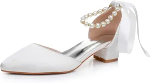 Women's Ankle Strap Pumps with Pearls, Pointed Toe, 3" Heel, White