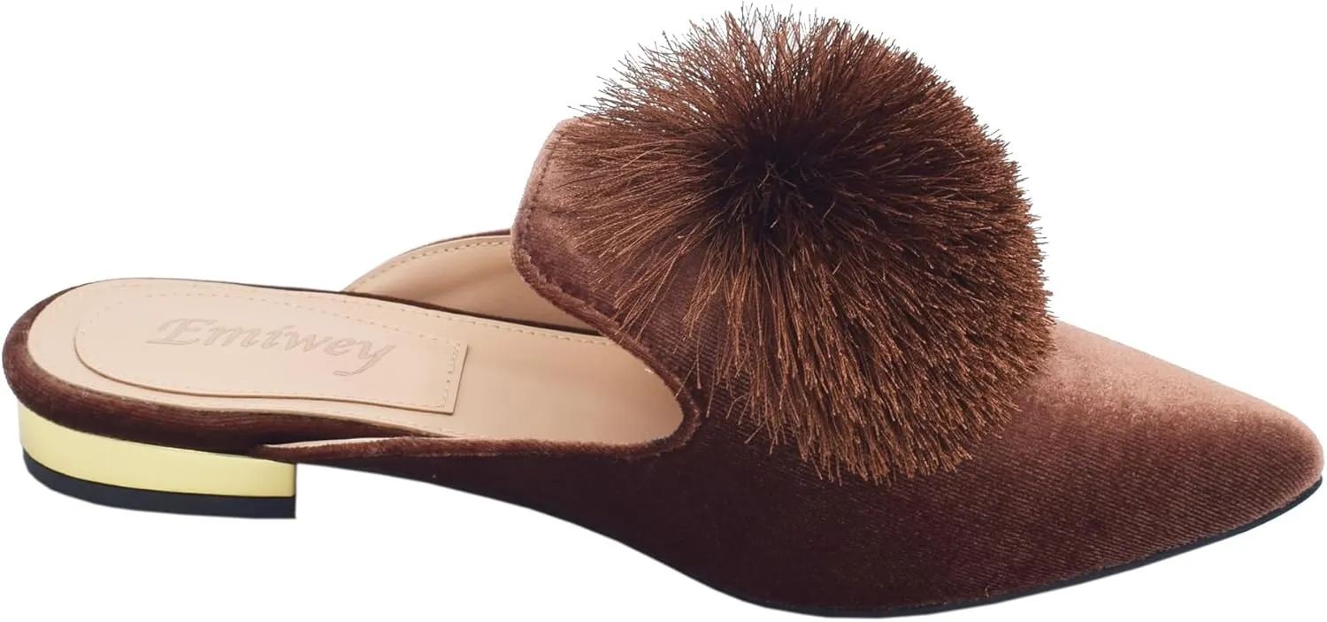 Women's Backless Comfort Slip On Loafers Flats Cute Pom Pom Mule Slippers Casual Shoes