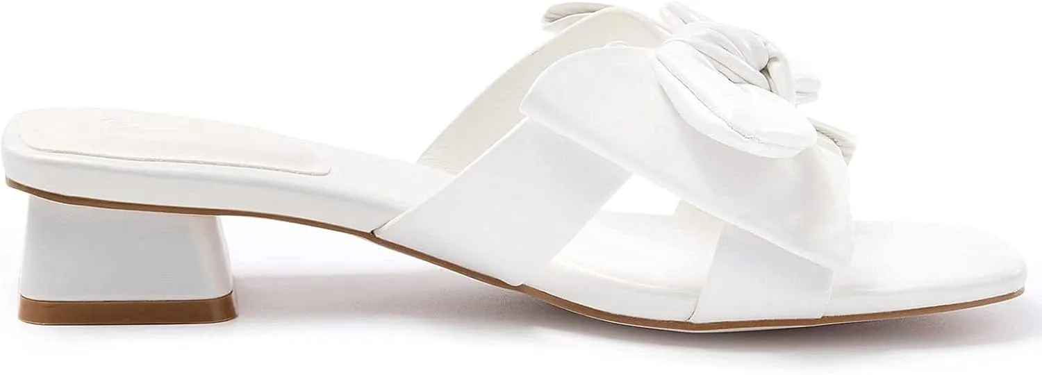 Womens Bow Dressy Low Heel Sandals Slides Summer Chunky Block Heeled Open Toe Mules Slip on Slippers Shoes