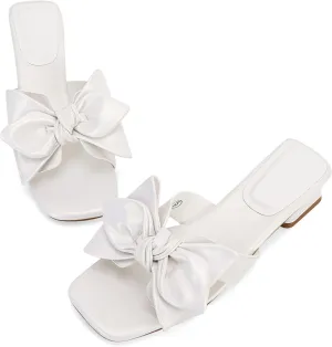 Womens Bow Dressy Low Heel Sandals Slides Summer Chunky Block Heeled Open Toe Mules Slip on Slippers Shoes