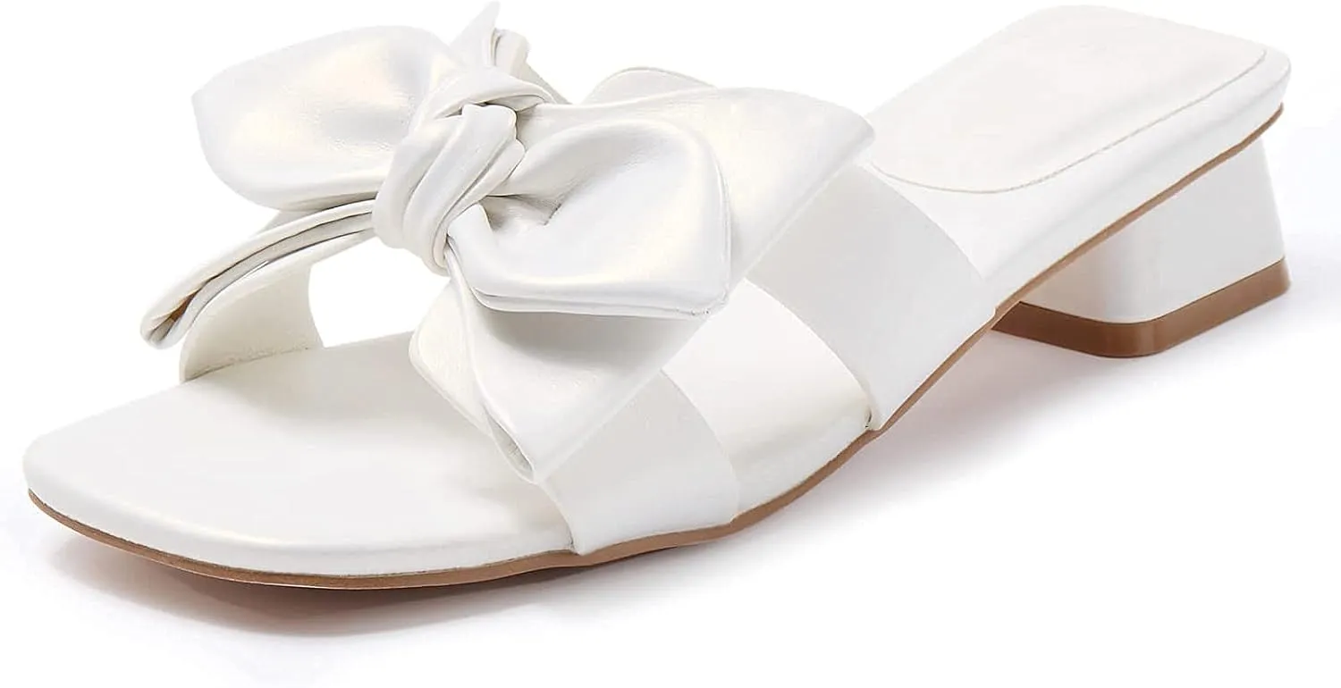 Womens Bow Dressy Low Heel Sandals Slides Summer Chunky Block Heeled Open Toe Mules Slip on Slippers Shoes