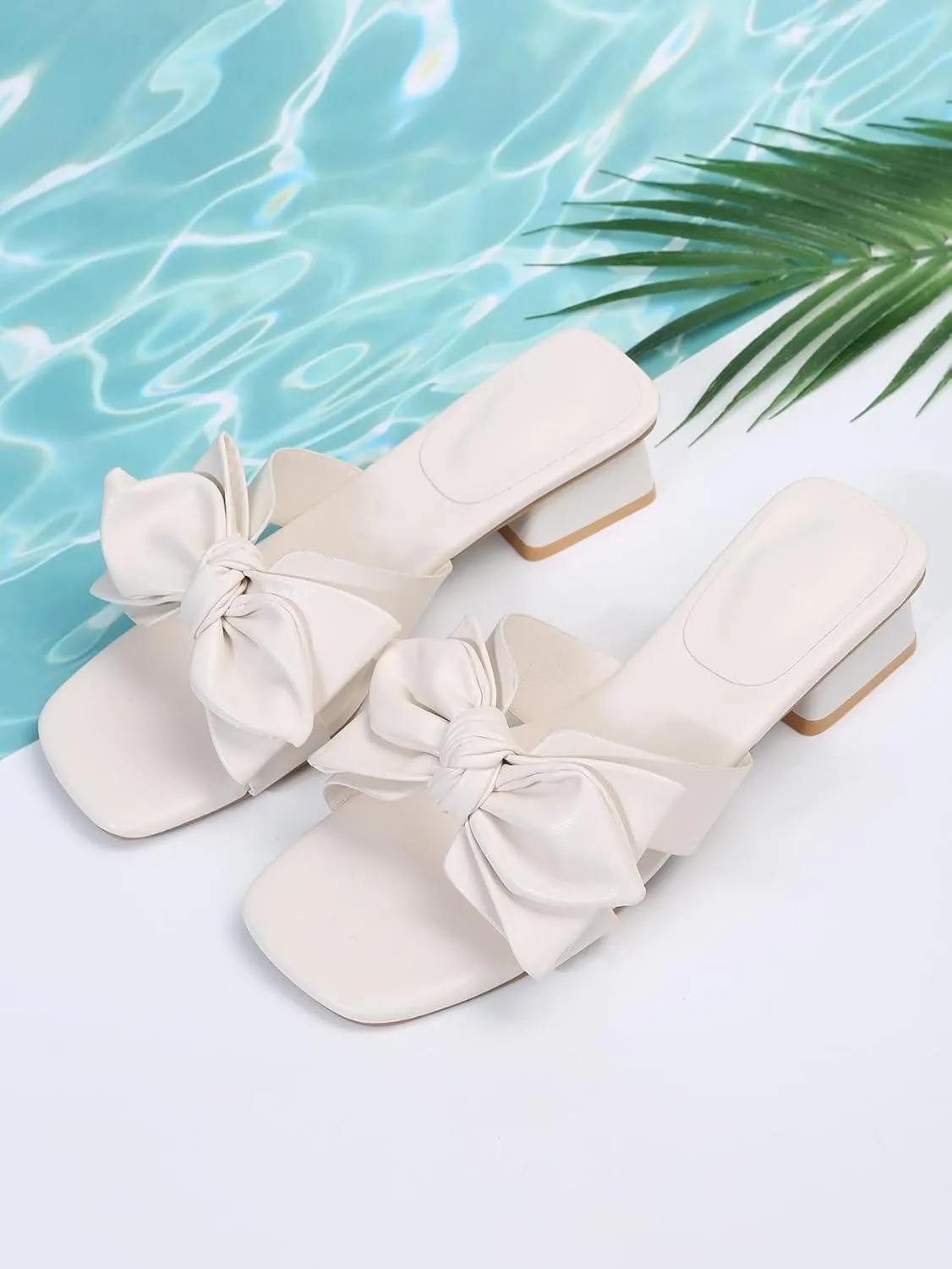 Womens Bow Dressy Low Heel Sandals Slides Summer Chunky Block Heeled Open Toe Mules Slip on Slippers Shoes
