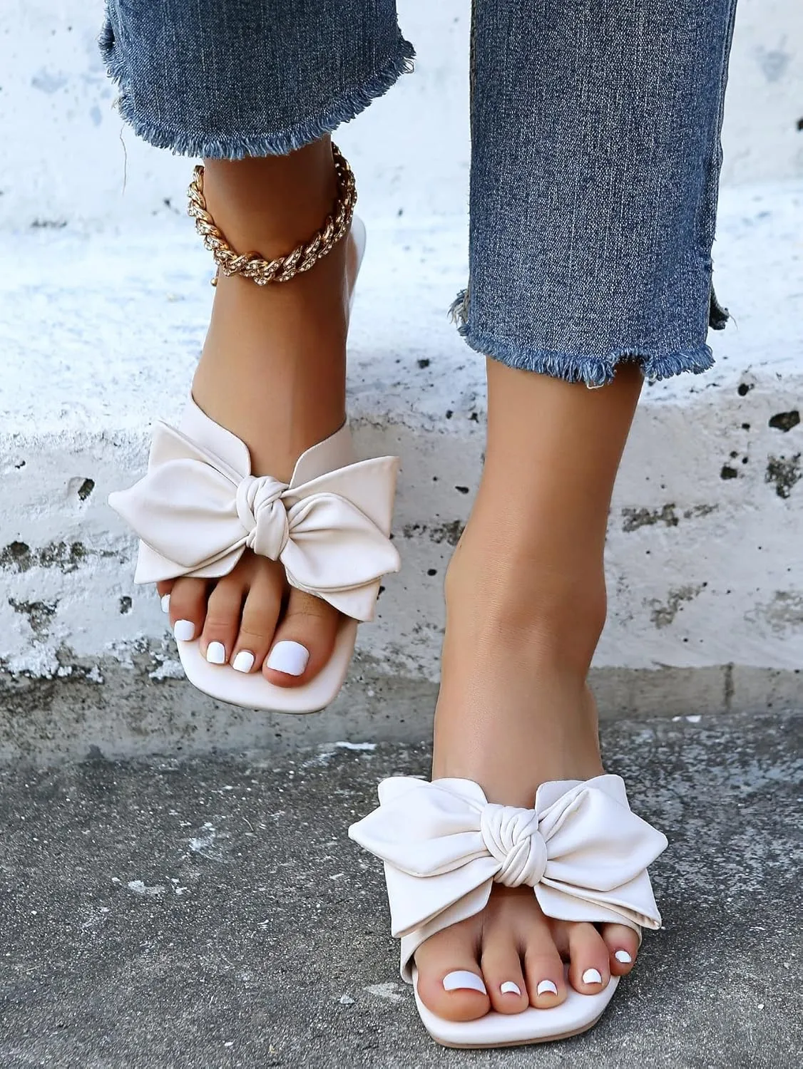 Womens Bow Dressy Low Heel Sandals Slides Summer Chunky Block Heeled Open Toe Mules Slip on Slippers Shoes
