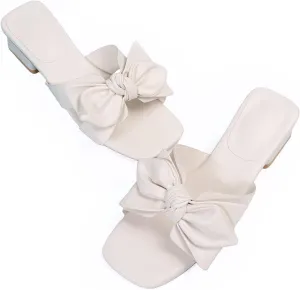 Womens Bow Dressy Low Heel Sandals Slides Summer Chunky Block Heeled Open Toe Mules Slip on Slippers Shoes