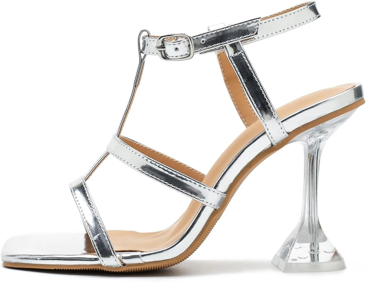 Women's Clear High Heeled Sandals Sexy Kitten Heels Square Toe Ankle Strap Wedding Dress Party Shoes