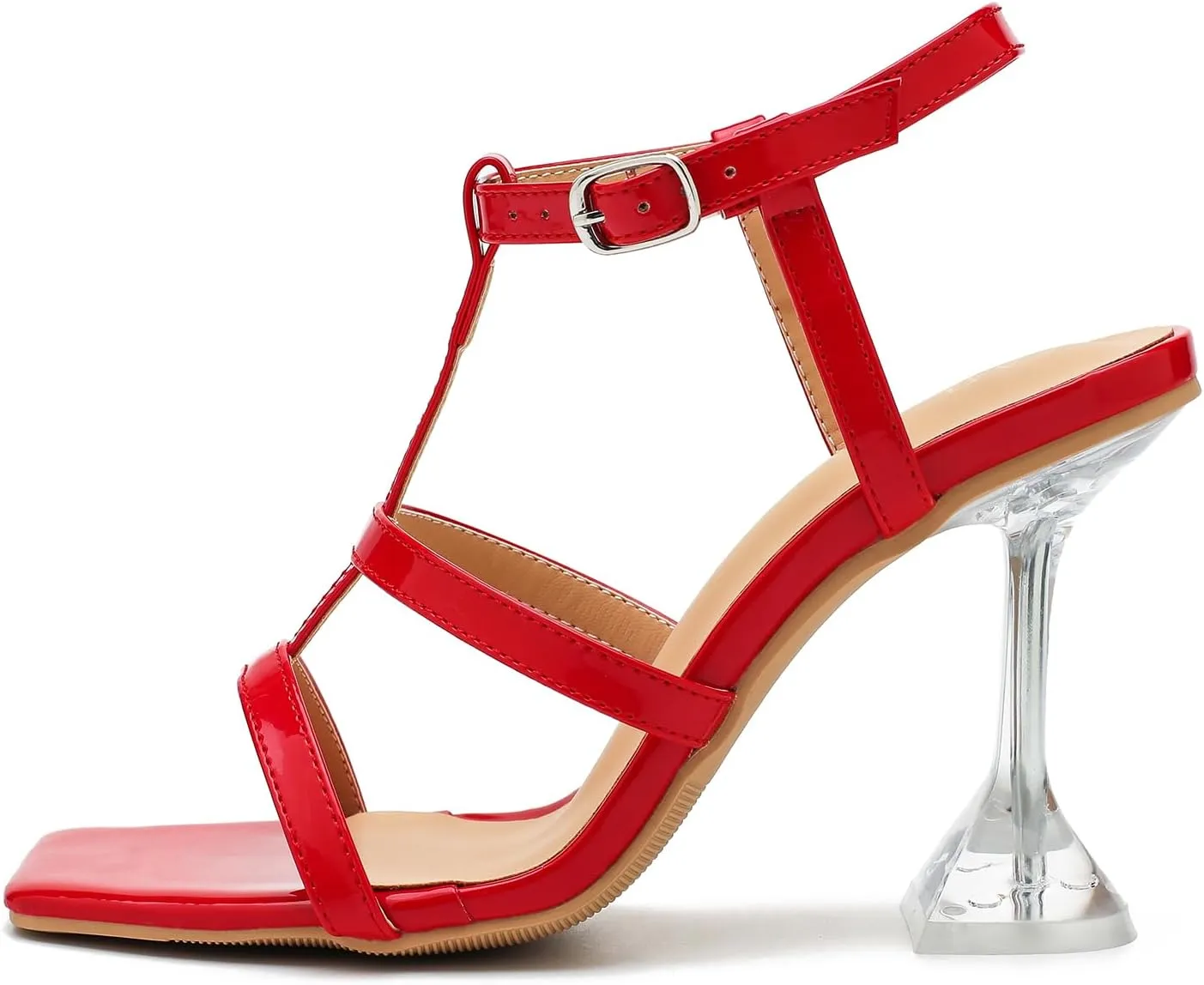Women's Clear High Heeled Sandals Sexy Kitten Heels Square Toe Ankle Strap Wedding Dress Party Shoes