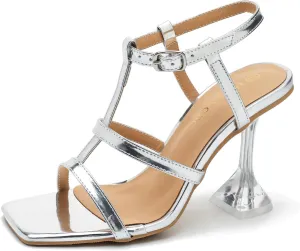 Women's Clear High Heeled Sandals Sexy Kitten Heels Square Toe Ankle Strap Wedding Dress Party Shoes
