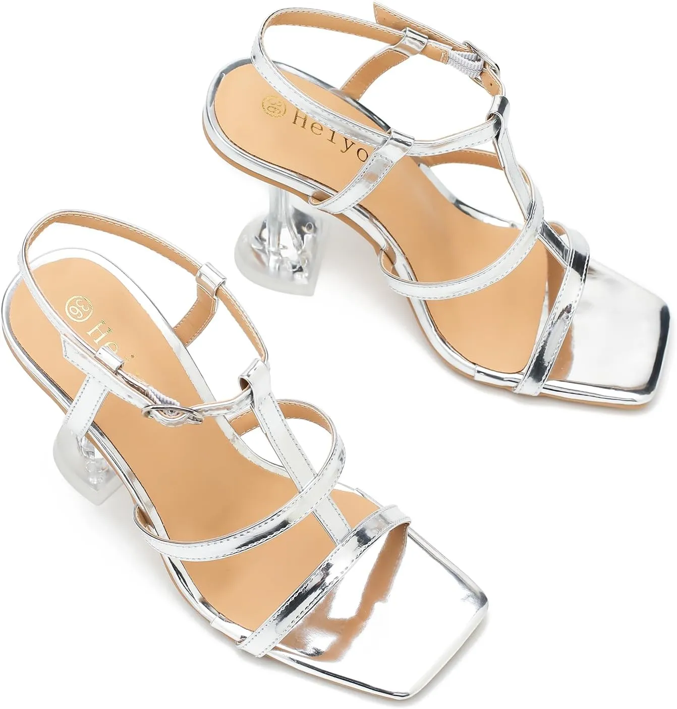 Women's Clear High Heeled Sandals Sexy Kitten Heels Square Toe Ankle Strap Wedding Dress Party Shoes