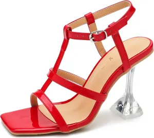 Women's Clear High Heeled Sandals Sexy Kitten Heels Square Toe Ankle Strap Wedding Dress Party Shoes