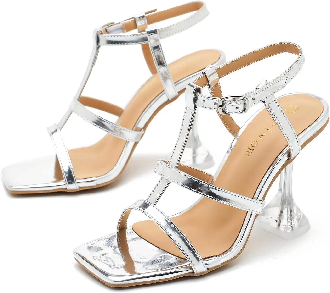 Women's Clear High Heeled Sandals Sexy Kitten Heels Square Toe Ankle Strap Wedding Dress Party Shoes