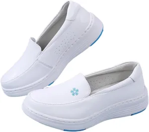 Womens Comfy Non-Slip White Nursing Shoes, Women Summer Breathable Slip-On Leather Nursing Work Shoes, Wedge Platform Orthopedic Nursing Shoes, for Medical Care